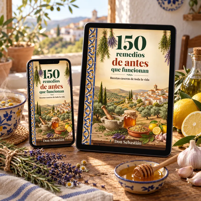 El libro abierto en un móvil y una tablet sobre una mesa de madera con hierbas, en una cocina andaluza